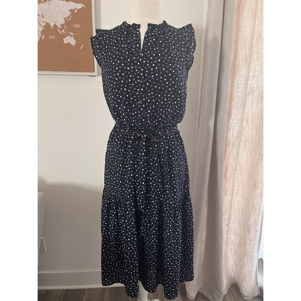 ANN TAYLOR navy blue midi dotted dress size M Peasant Boho Cottagecore New - Picture 2 of 7